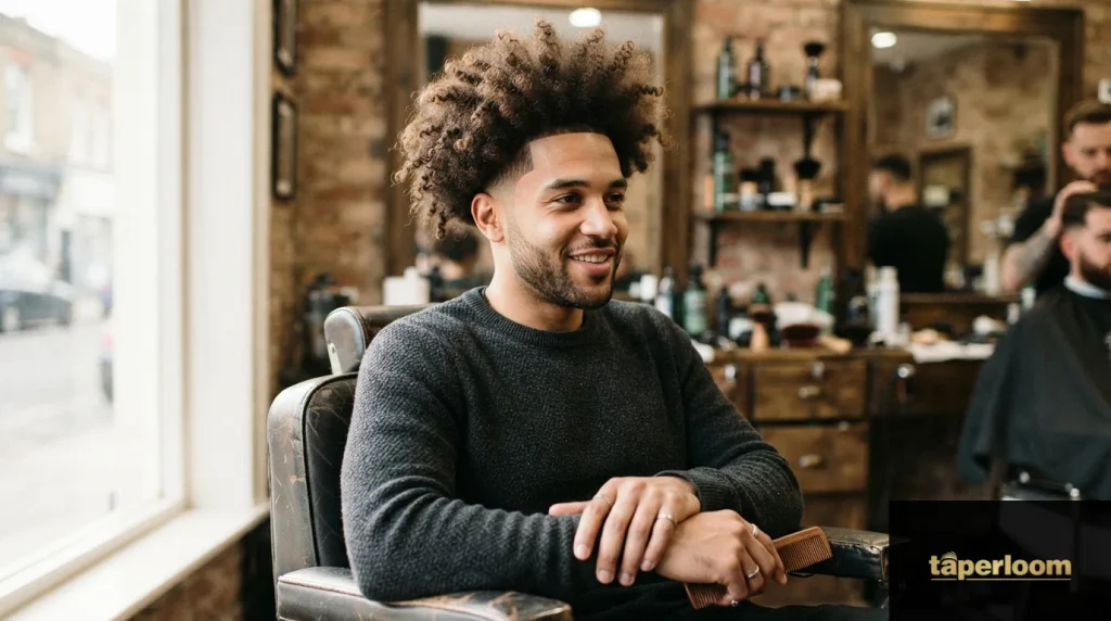 Man with coily afro textured long hair and low taper fade