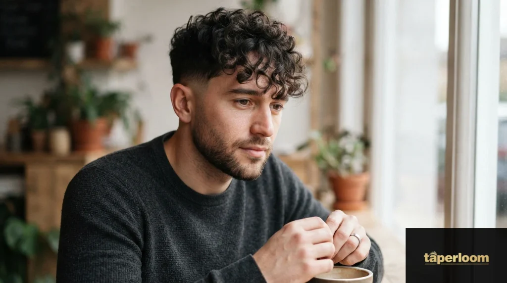 Man with curly fringe hairstyle and low taper fade