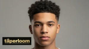 Man with a low taper fade curly hair haircut, front view