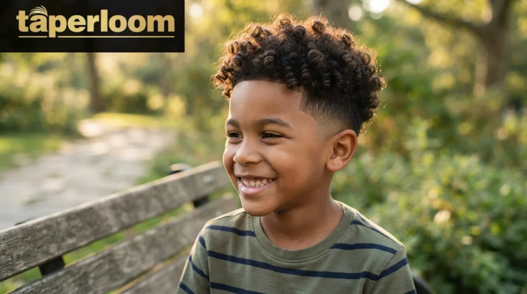 Boy with curly top hair and a low taper fade