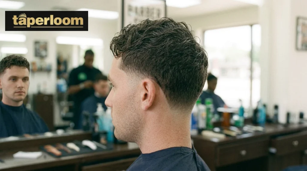 Man with short defined curly top and low taper fade to skin
