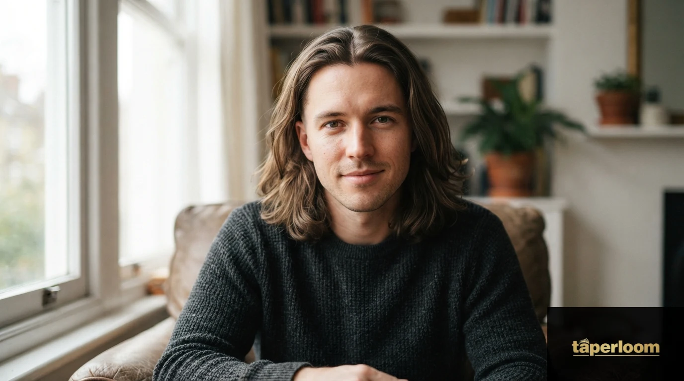 Man with curtain hairstyle center part and low taper sides