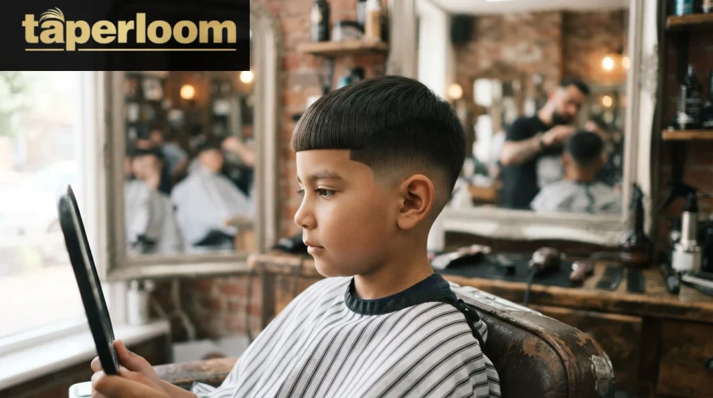 Boy with an Edgar cut and low taper fade