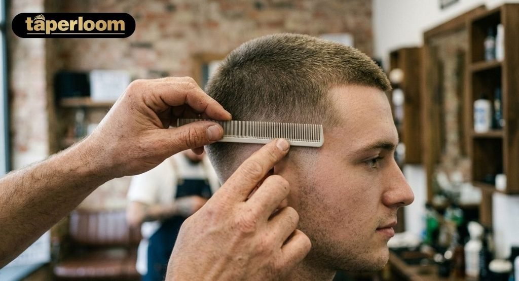 Barber pointing to the low taper fade starting point above the ear