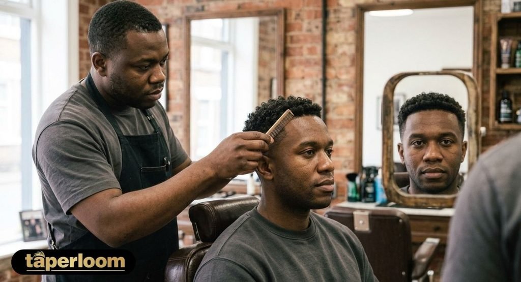 Barber measuring hairline for a low taper fade suited to face shape
