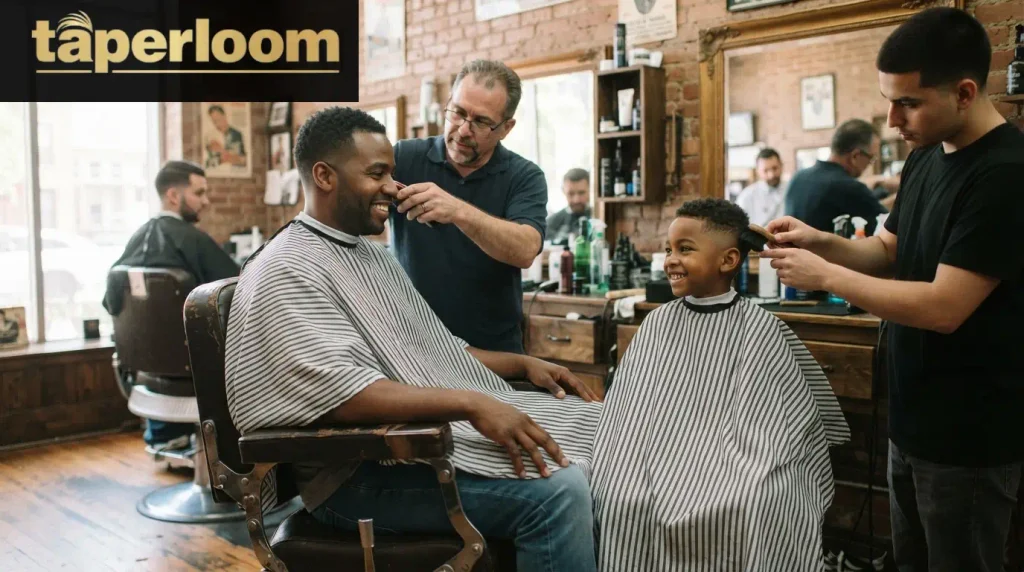 Father and son getting matching low taper fades