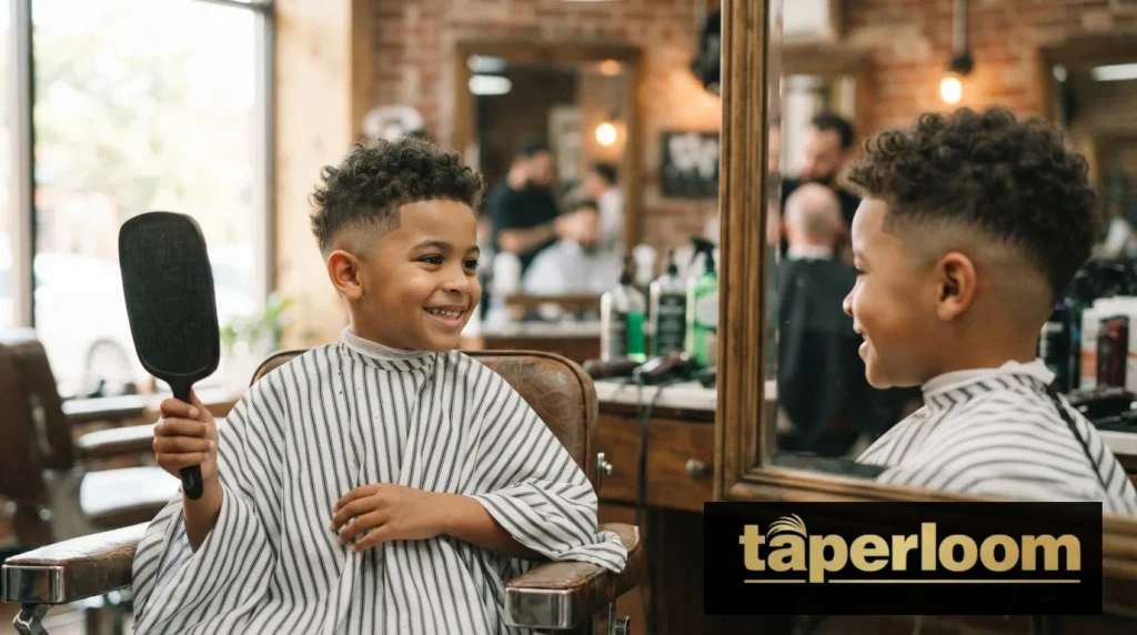 Boy admiring his finished low taper fade in the mirror