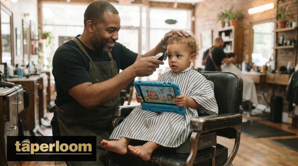 Toddler with a tablet during his first barbershop haircut