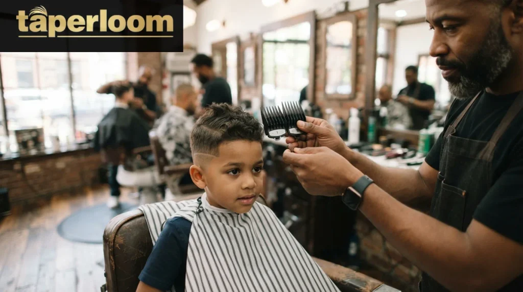 Barber comparing clipper guards for a kid's fade
