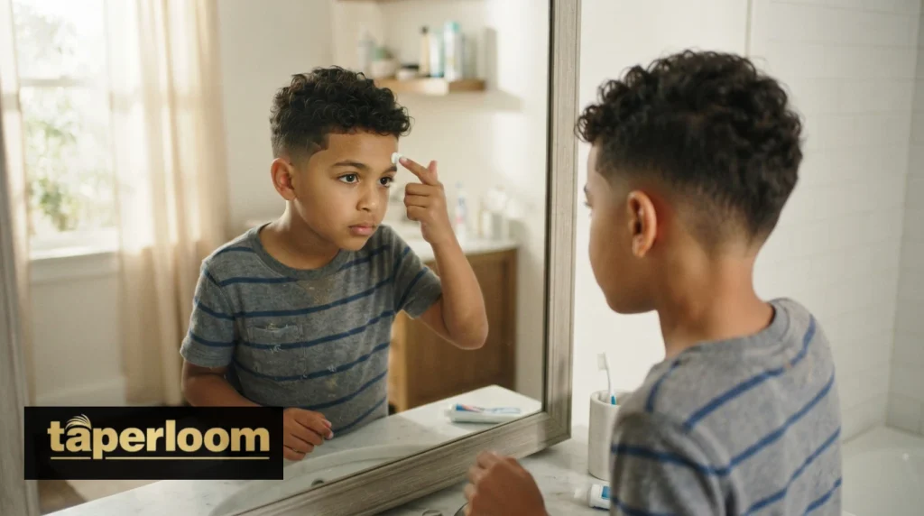 Boy styling his low taper fade at home