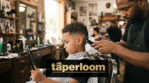 Young boy getting a low taper fade haircut at a barbershop
