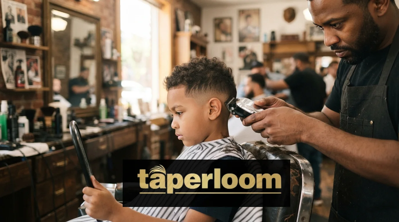 Young boy getting a low taper fade haircut at a barbershop
