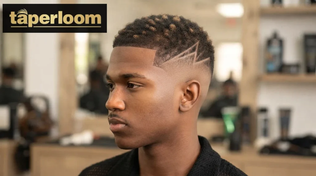 Low taper fade with a sharp line up on curly hair