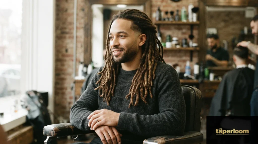 Man with long locs and low taper fade perimeter