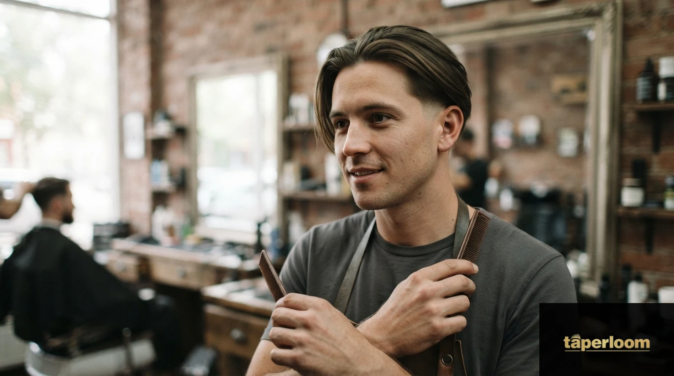 Man with long flowing hairstyle swept back and low taper sides