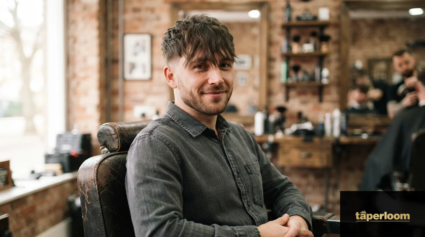 Man with long fringe hairstyle falling over forehead and low taper sides