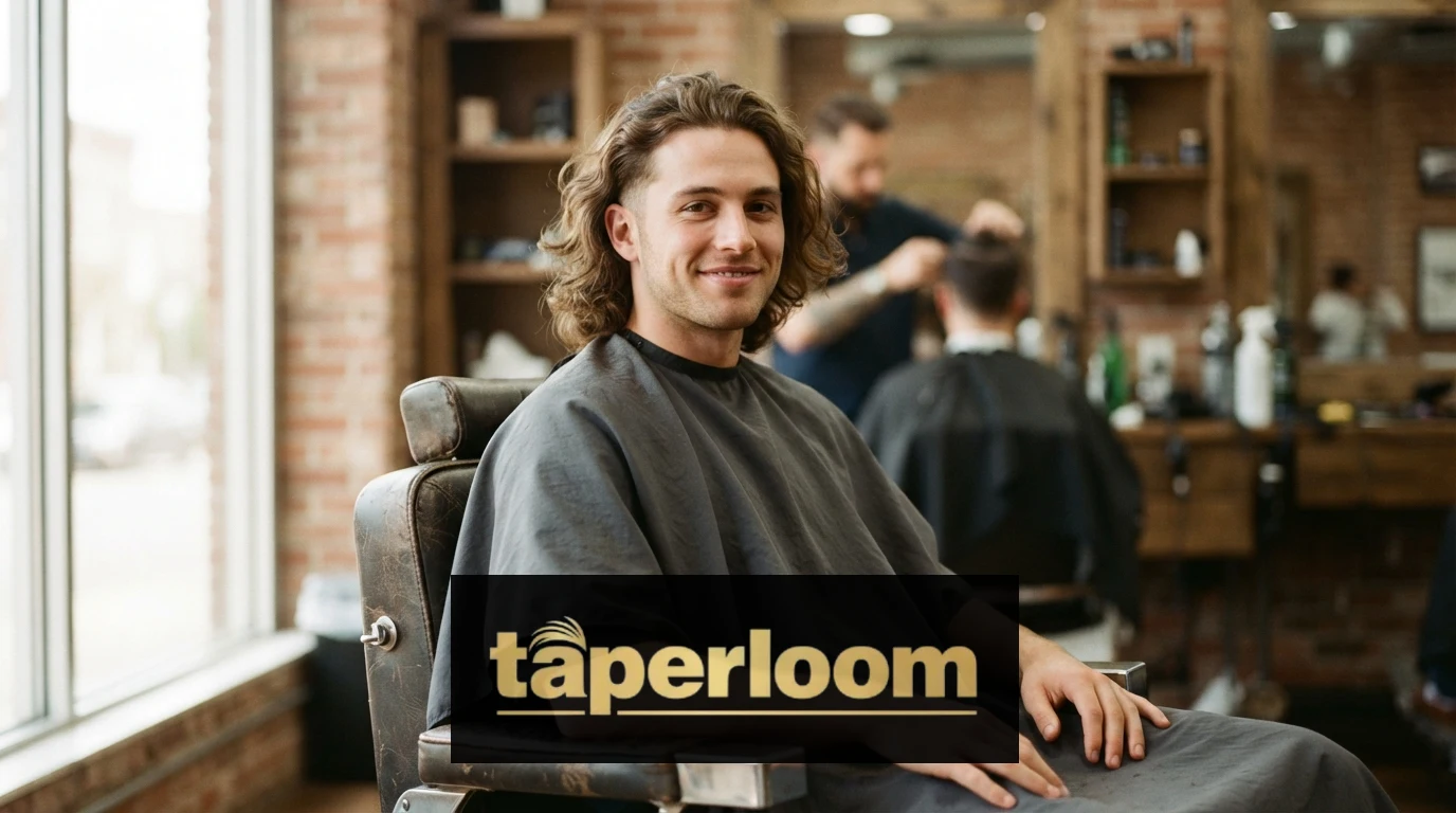 Man with low taper fade and long flowing hair styled naturally in barbershop