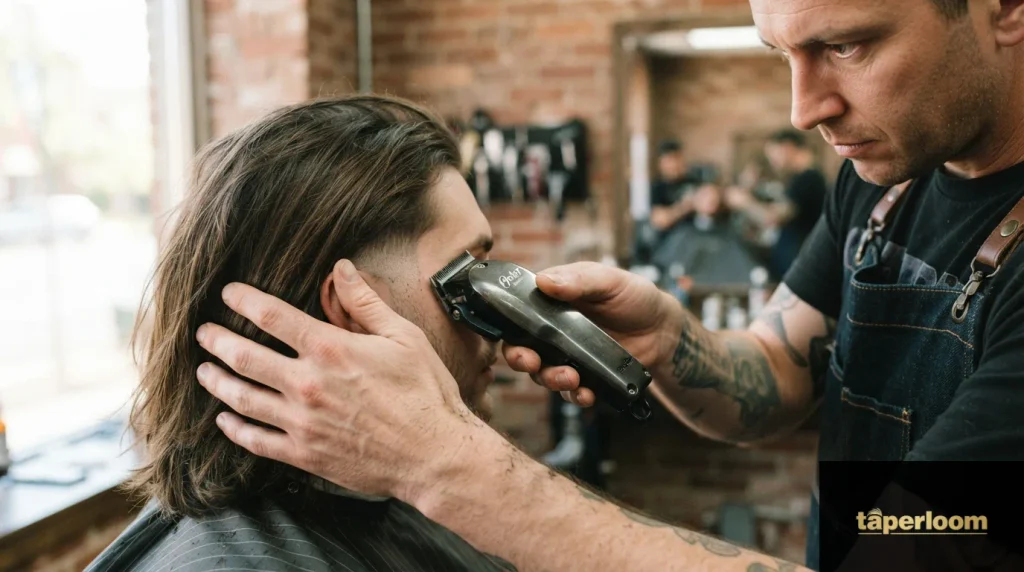 Barber trimming sideburns for low taper fade touch up