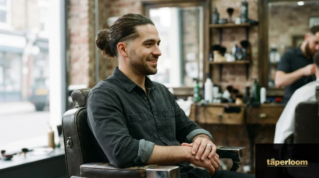 Man with long hair tied in a man bun and low taper fade