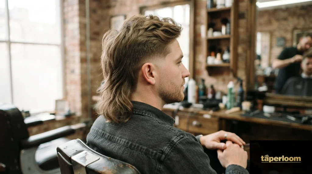 Man with mullet hairstyle and low taper fade sides