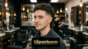 Man with a low taper fade mullet haircut standing in a modern barbershop