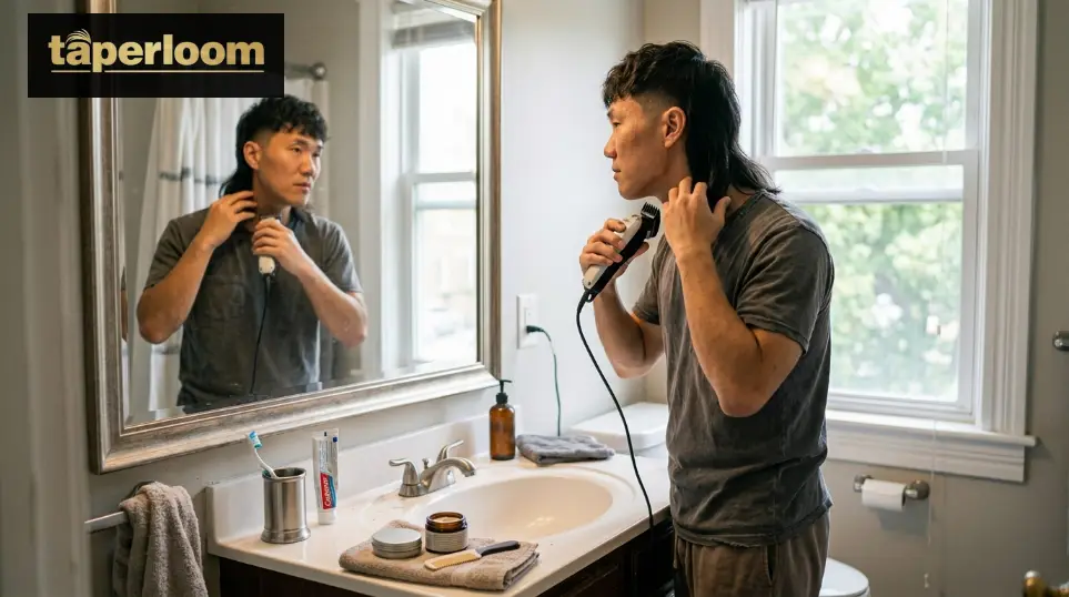 Man trimming his neckline at home between barber visits