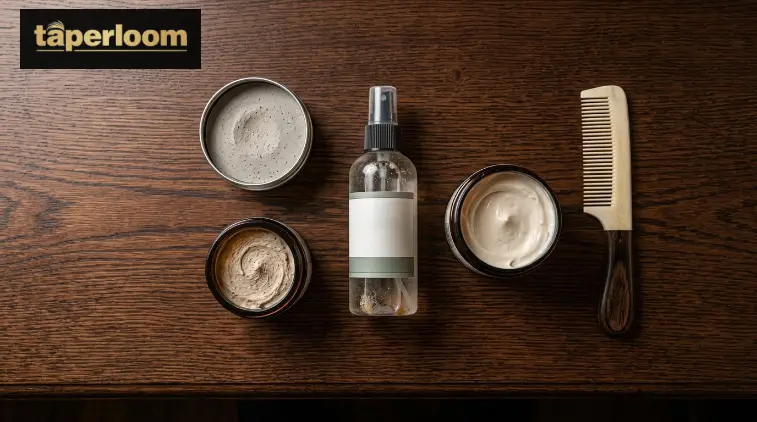 Flatlay of grooming products for a low taper fade mullet