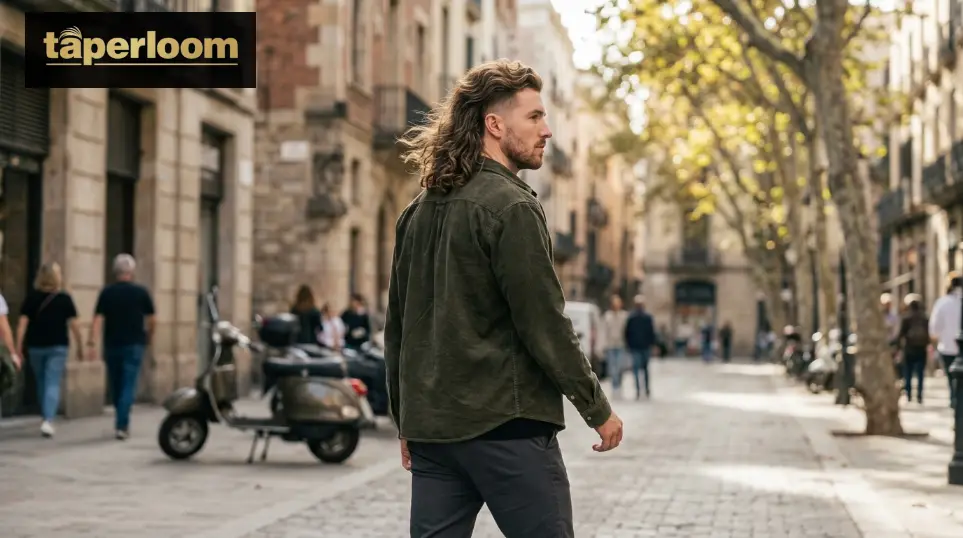 Man with a low taper fade mullet in a casual outdoor setting