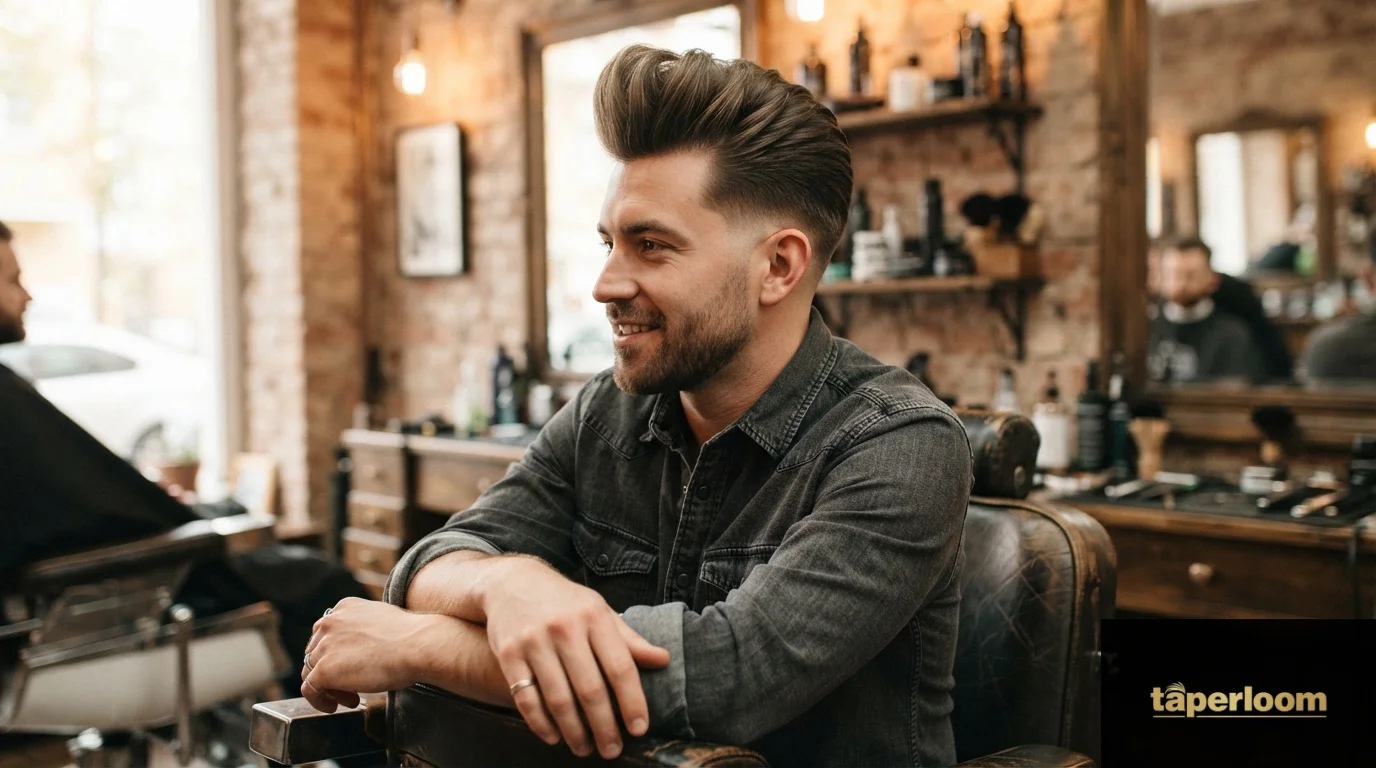 Man with long pompadour hairstyle and low taper fade sides