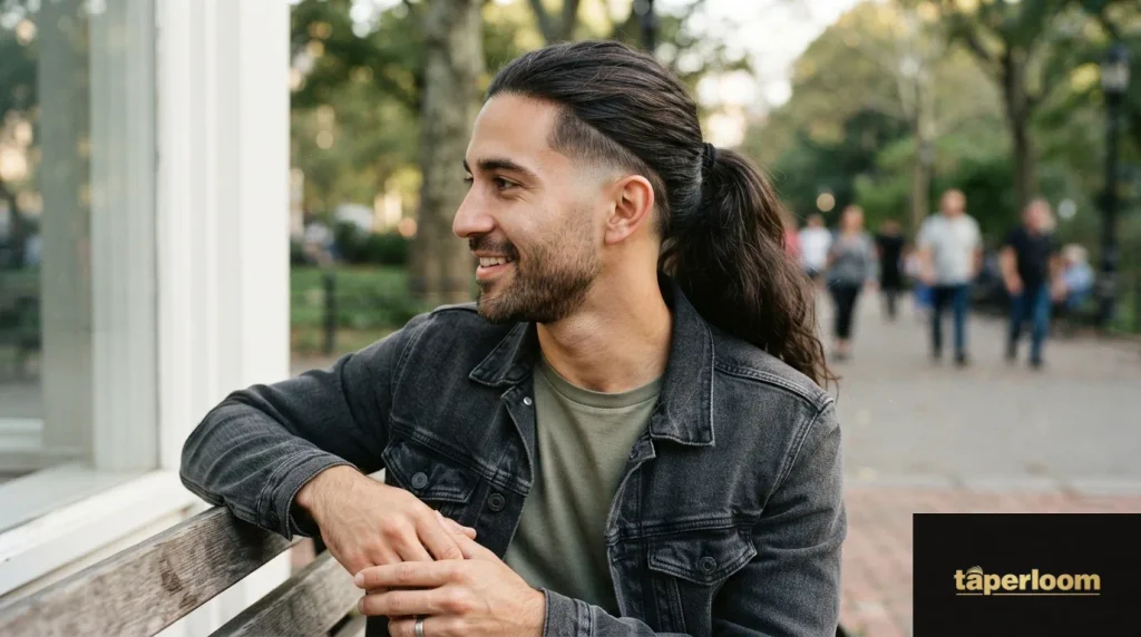 Man with long hair tied in ponytail and low taper fade
