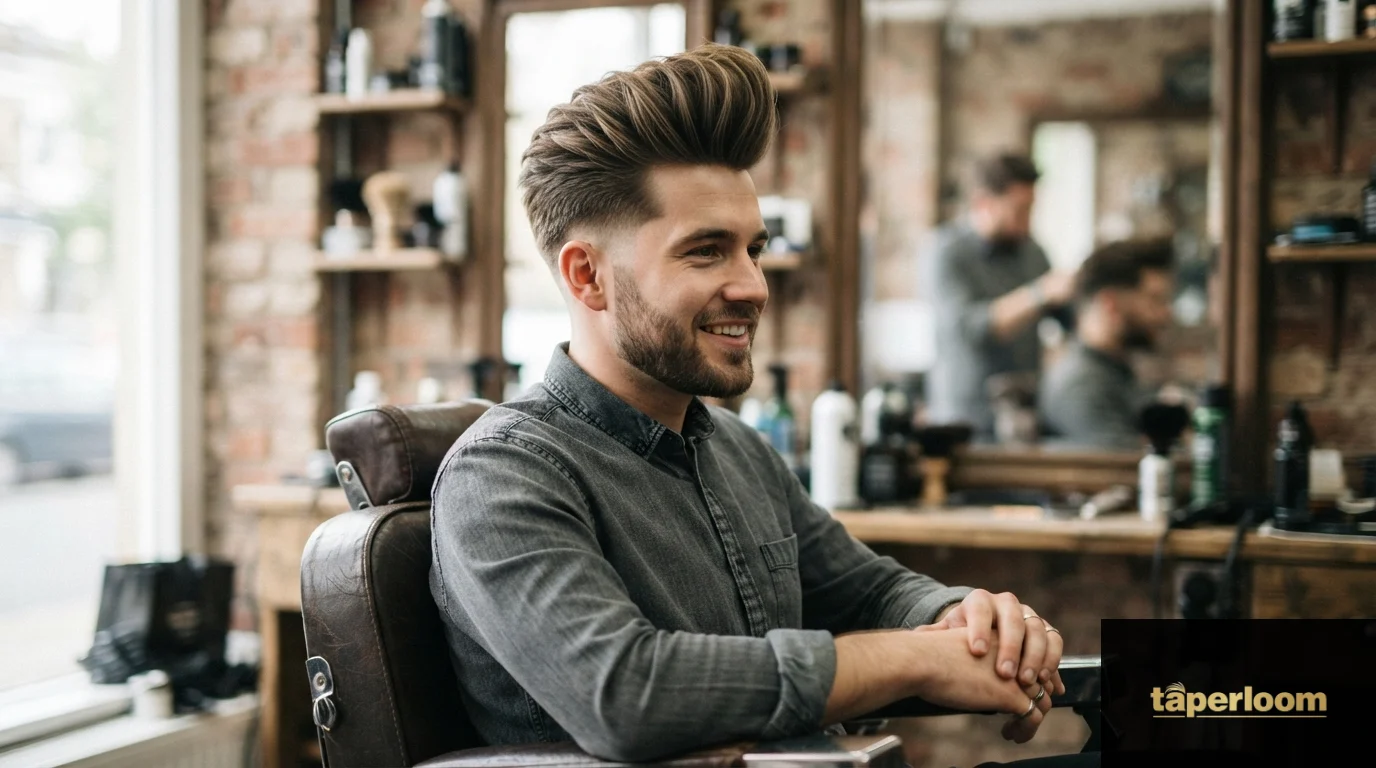 Man with long quiff hairstyle and low taper fade