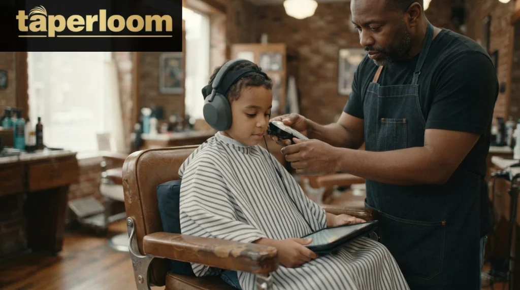 Boy wearing noise-canceling headphones during a sensory-friendly haircut