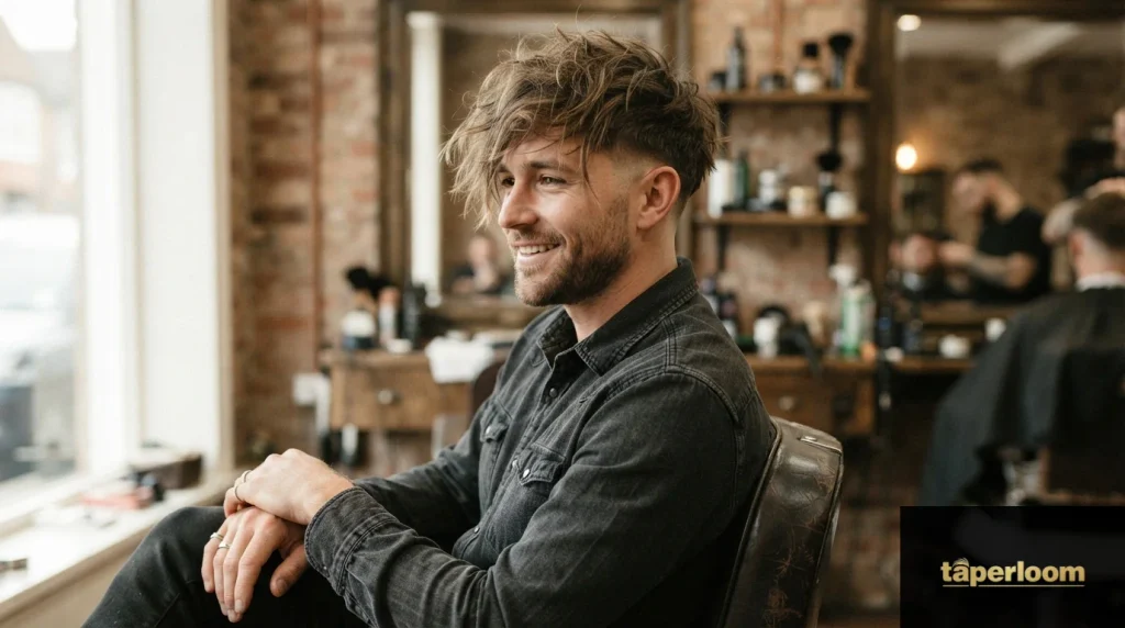 Man with shaggy layered long hair and low taper fade
