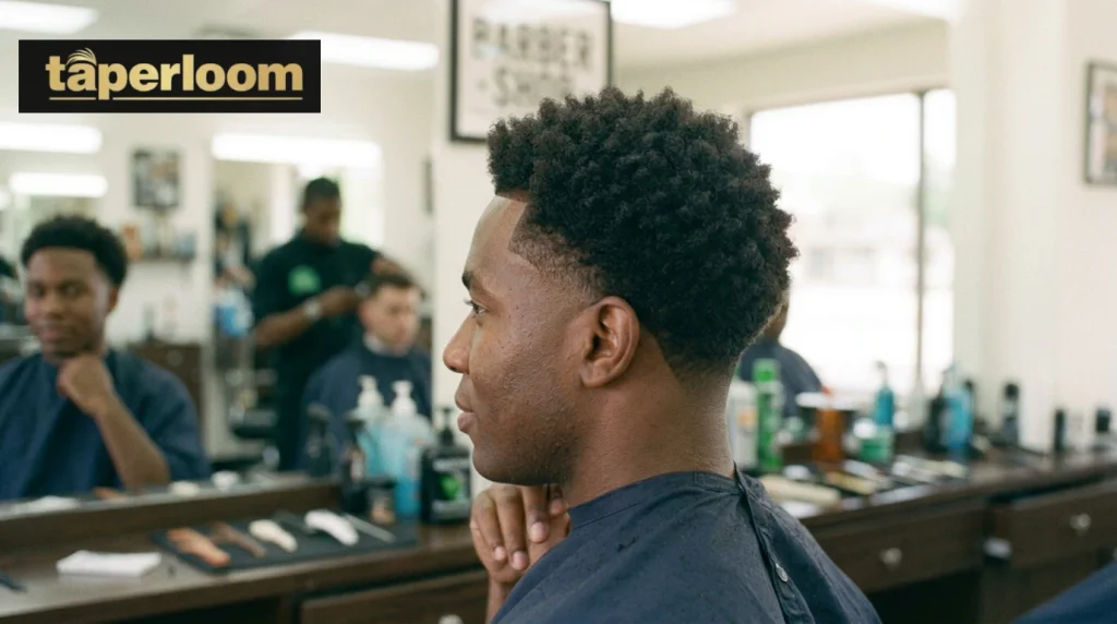 Man with short afro hairstyle low skin taper and sharp edge up
