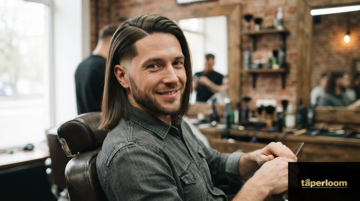 Man with long hair side part hairstyle and low taper fade
