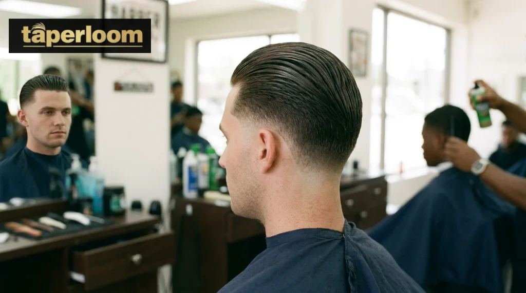 Man with short slicked back hair and low skin taper fade