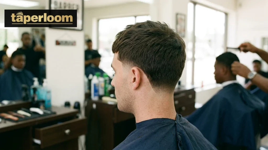 Man with textured crop hairstyle and low taper fade on straight hair