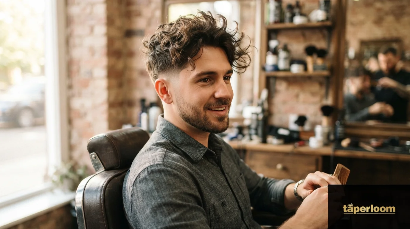 Man with textured long top hairstyle and low taper fade