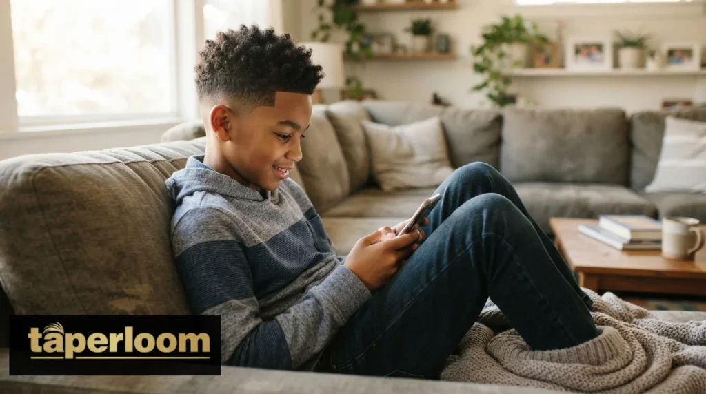 Preteen boy with a fresh low taper fade checking his phone