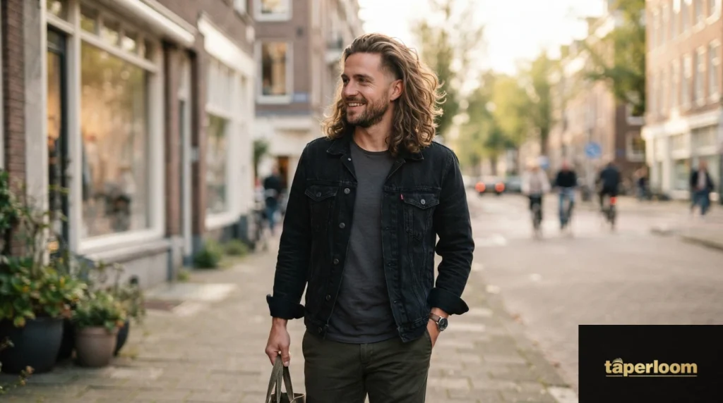 Man with wavy flow hairstyle and low taper fade