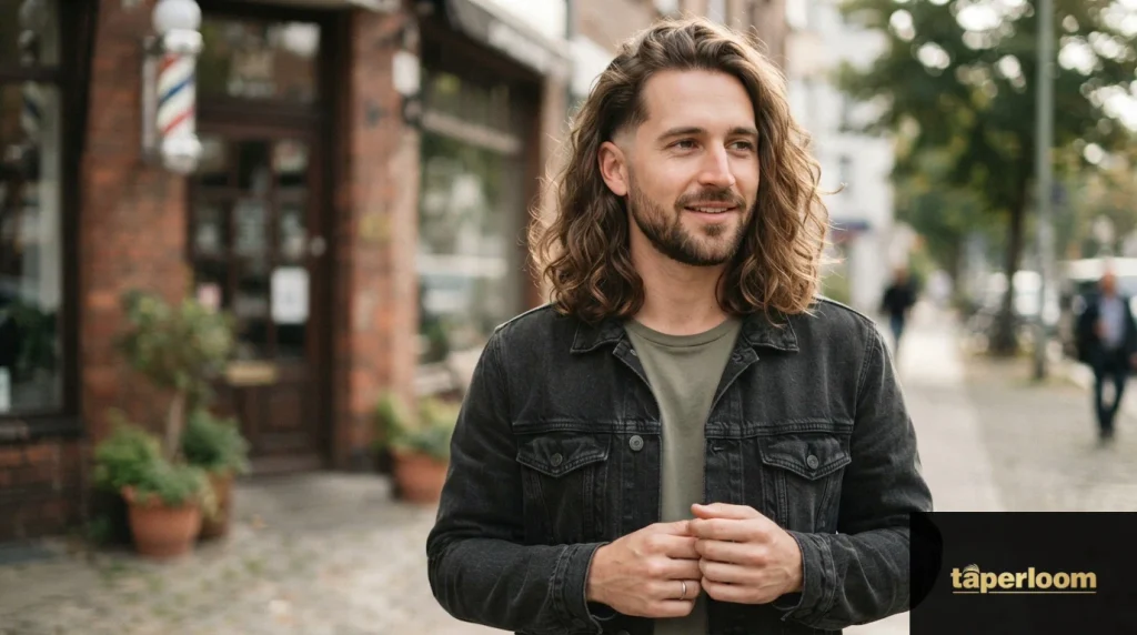 Man with natural wavy long hair and low taper fade