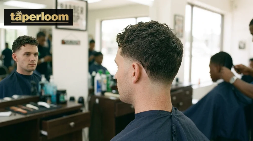Man with short wavy messy hairstyle and low shadow taper