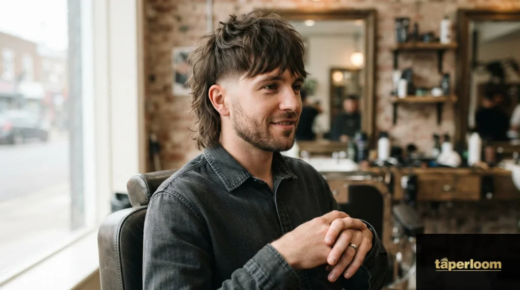 Man with layered wolf cut hairstyle and low taper fade