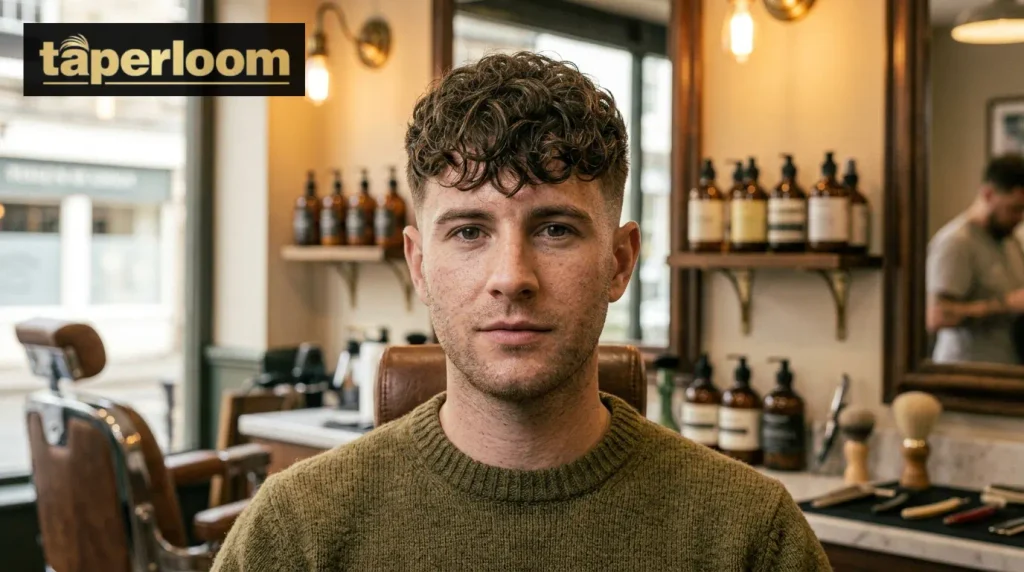 Curly hair low taper fade fringe haircut