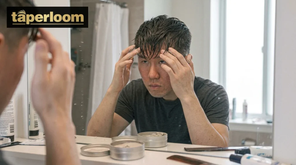 Man styling low taper fade fringe at home