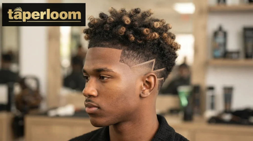 Low taper fade styled to add volume to thin curly hair