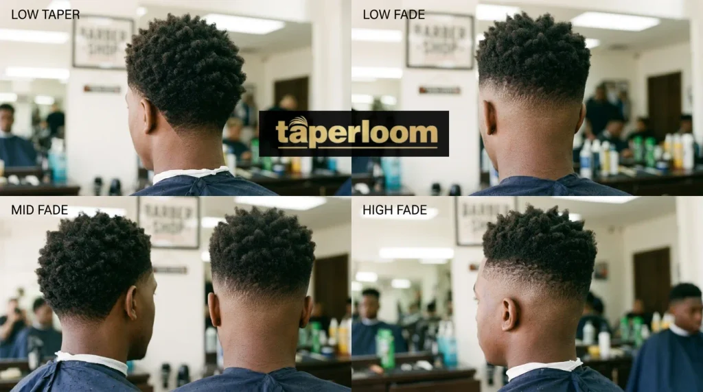 Low Taper Fade on Short Hair comparison of low taper, low fade, mid fade and high fade haircuts