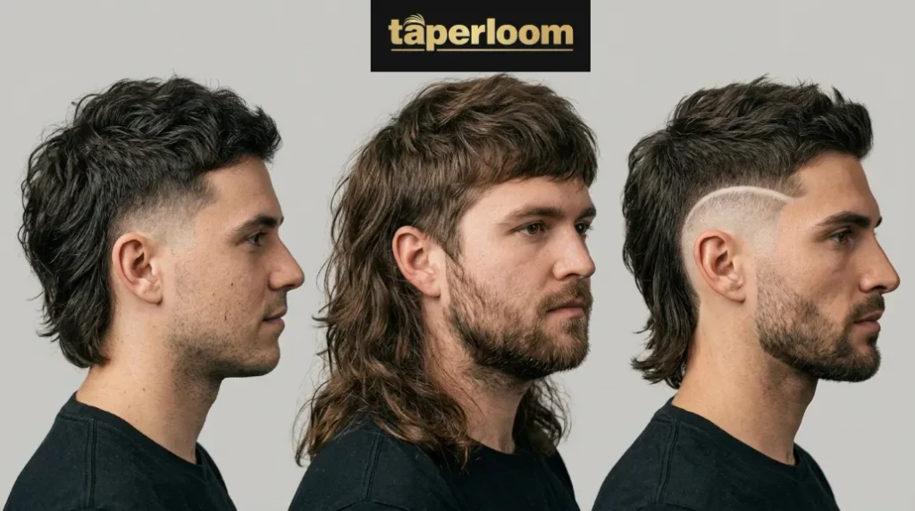 Three men side by side comparing low taper, traditional, and burst fade mullet haircuts