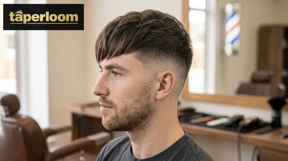 Man with a skin low taper fade and textured fringe, fade blended to the skin