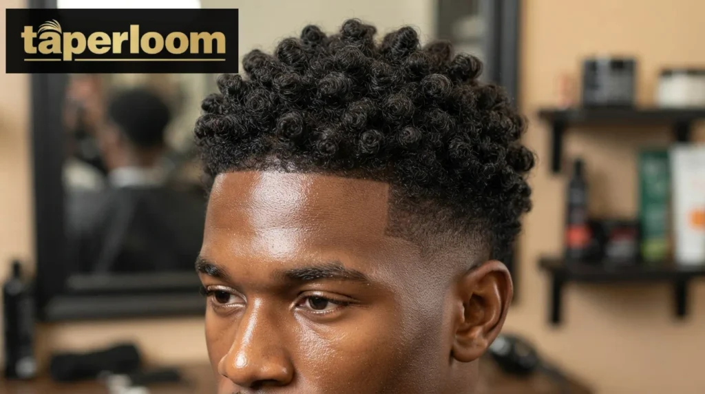 Defined sponge curls with a low taper fade